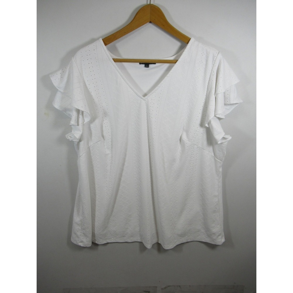 Adrianna Papell White Eyelet Blouse Women 2X V-Neck Flutter Sleeve Lined